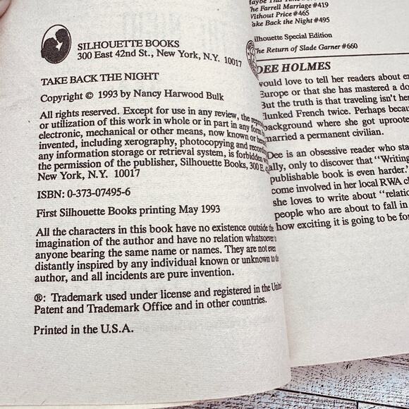 Dee Holmes - TAKE BACK THE NIGHT Silhouette Intimate Moments PB Romance Novel - Picture 4 of 14